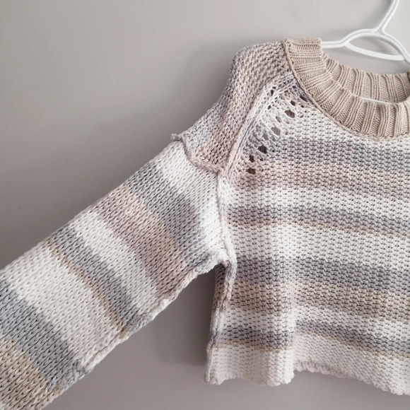 Free People Devon Open Knit Crewneck Cropped Sweater Neutral Stripes Medium - Picture 7 of 14